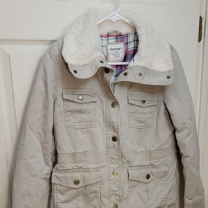 Old Navy Women's Medium Tan Utility Jacket with Shearling Collar